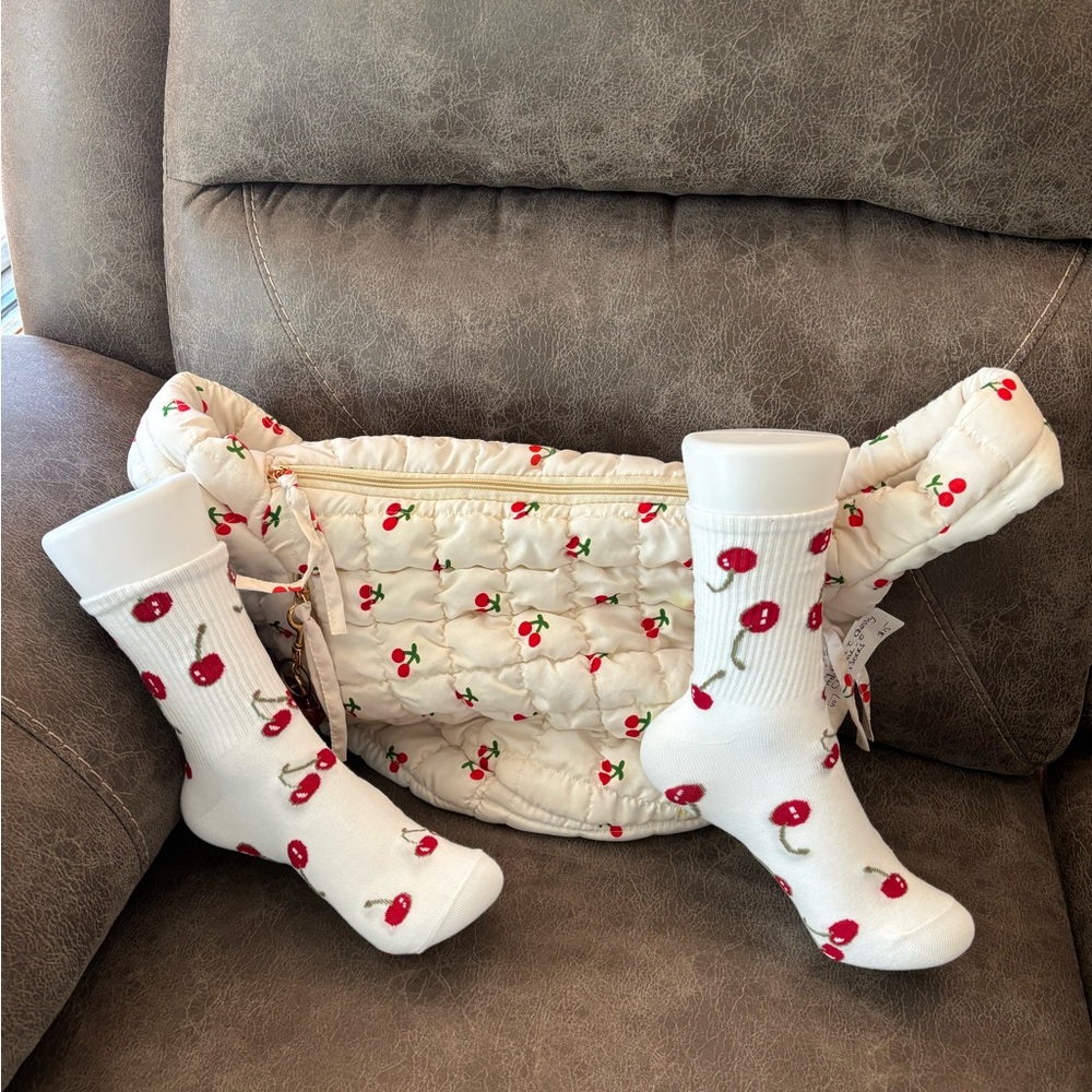 Cherry Patterned Quilted Bag and Socks Set